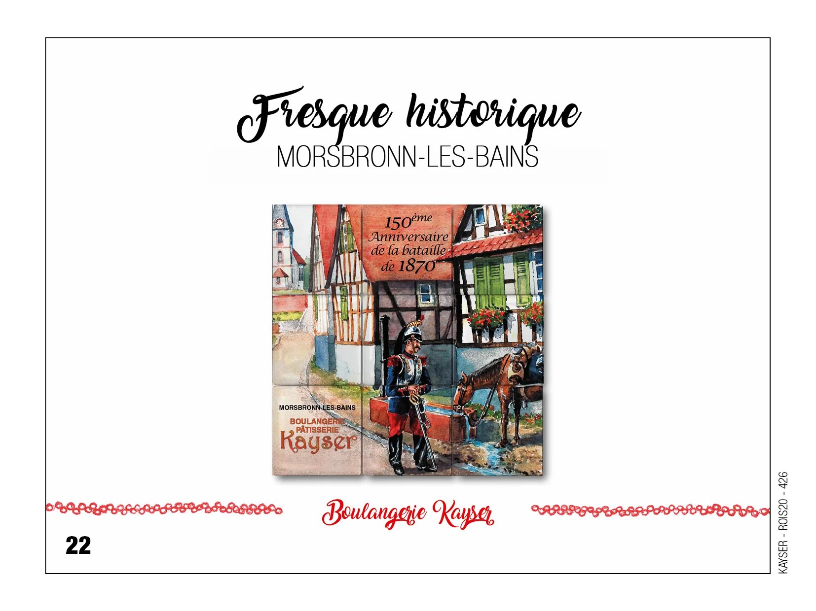 Fèves personnalisées pour galettes de la boulangerie Kayser représentant une fresque historique à Morsbronn les bains